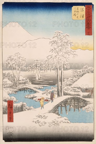 Mt. Fuji and Mt. Ashigara from Numazu in Clear Weather After a Snowfall, Published in 1855. Creator: Ando Hiroshige.
