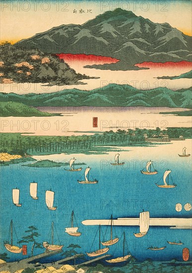 Eight Views of Omi: Miidera, Ishiyama, Seta (image 1 of 3), 1856. Creator: Ando Hiroshige.