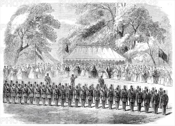 Presentation of a silver bugle by Lady Duff Gordon to the 6th Surrey (Esher) Volunteer..., 1860. Creator: Unknown.