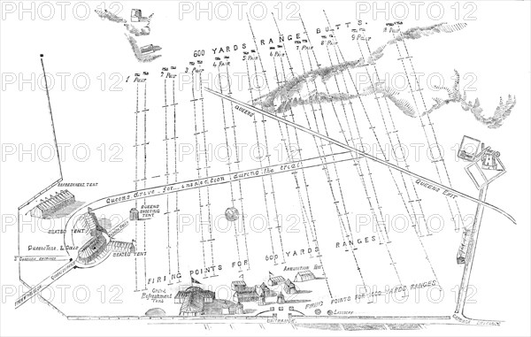 Plan and arrangements of the rifle-shooting contest on Wimbledon Common, 1860. Creator: Unknown.