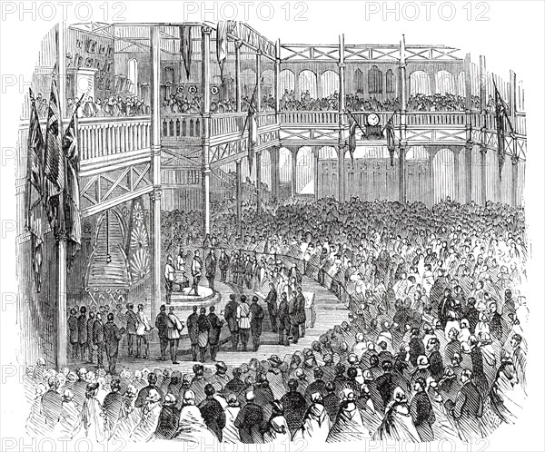 The Prince opening the Industrial Exhibition in the Crystal Palace, 1860. Creator: Unknown.