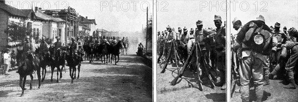 'La Roumanie dans la Guerre; Troupes de cavalerie et d'infanterie roumaines partant pour le front',  Creator: Unknown.