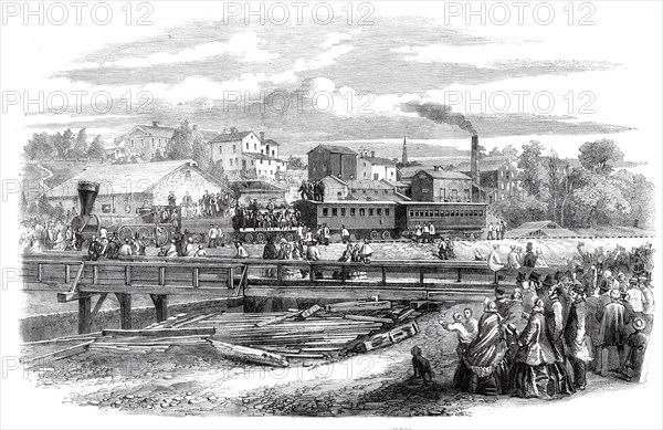 Arrival of the first train of the Atlantic and Great Western Railroad at James Town..., 1860. Creator: Unknown.
