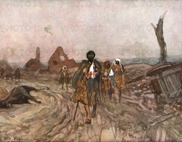 'Six Mois Dans la Somme; Senegalais blesses, sur la route d'Assevillers (septembre 1916)', 1916. Creator: Charles Hoffbauer.