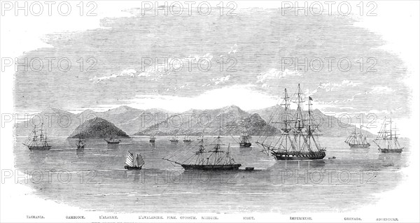 The Fleet in China under Admiral Jones assembled off Kintang prior to the occupation of Chusan, 1860 Creator: Unknown.