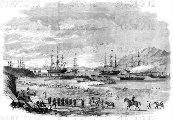 The War in China - departure from Hockly Pier, Odin Bay, of the Sikh Cavalry and troops..., 1860. Creator: Unknown.