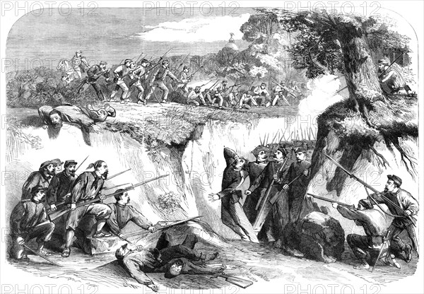 The Battle on the Volturno - the Neapolitan troops passing along a ravine..., 1860. Creator: Unknown.