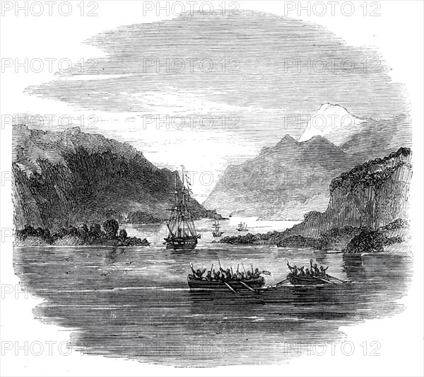 H.M.S. "Termagant" convoying the gun-boats "Grappler" and "Forward" through the Straits..., 1860. Creator: Unknown.