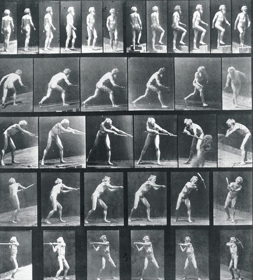 A: Walking. B: Ascending a Step. C: Throwing the disk. D: Using a Shovel. E,F: Using a Pick, 1887. Creator: Eadweard J Muybridge.