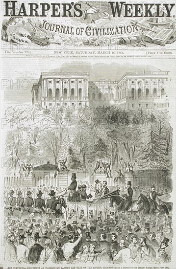 The Inaugural Procession at Washington, Passing the Gate of the Capitol Grounds, 1861. Creator: Unknown.