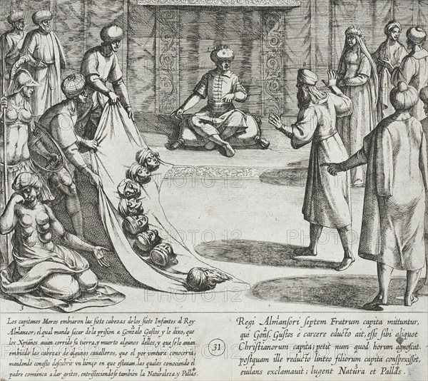 In the Presence of Almanzor, Gonzalo Gustos Identifies the Severed Heads of His Sons, 1612. Creator: Antonio Tempesta.