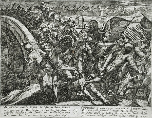 The Dutch During a Surprise Attack of the Roman Camp on the Moselle, Publshed 1612. Creator: Antonio Tempesta.