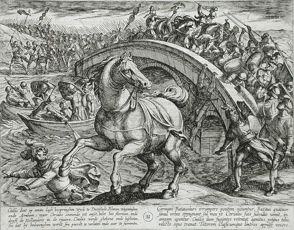 Civilis Forced to Dismount and Swim Across the River, Publshed 1612. Creator: Antonio Tempesta.