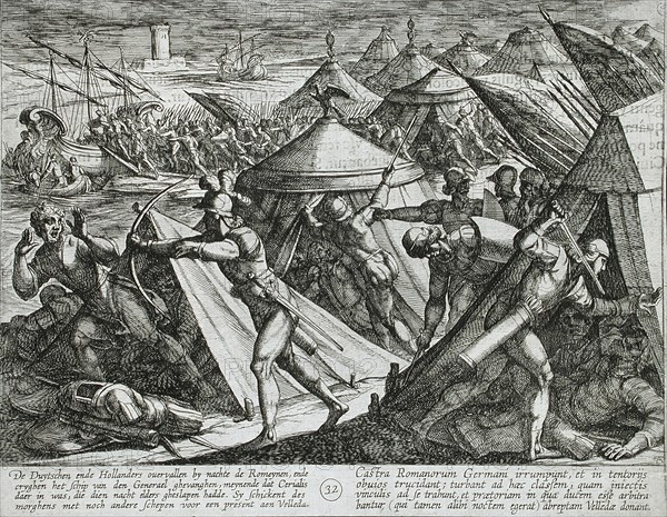 Dutch and Germans Attack the Roman Camp and Capture Cerialis' Boat, Publshed 1612. Creator: Antonio Tempesta.