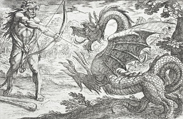 Hercules and the Serpent Ladon, 1608. Creators: Antonio Tempesta, Nicolaus van Aelst.