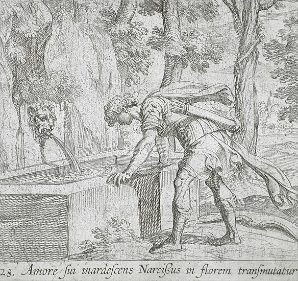 Narcissus at the Well, published 1606. Creators: Antonio Tempesta, Wilhelm Janson.