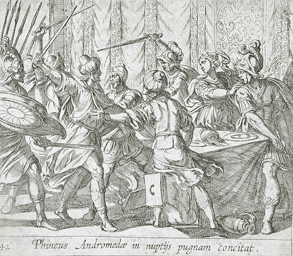 Phineus Attacking Perseus at the Wedding, published 1606. Creators: Antonio Tempesta, Wilhelm Janson.