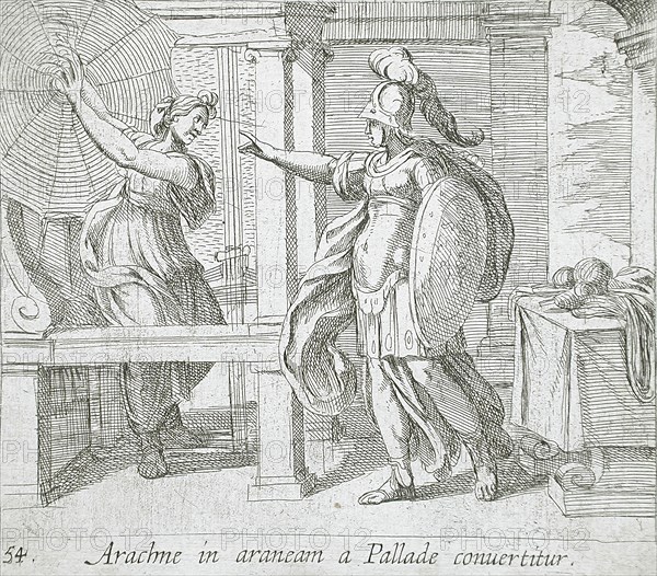 Athena Changing Arachne into a Spider, published 1606. Creators: Antonio Tempesta, Wilhelm Janson.