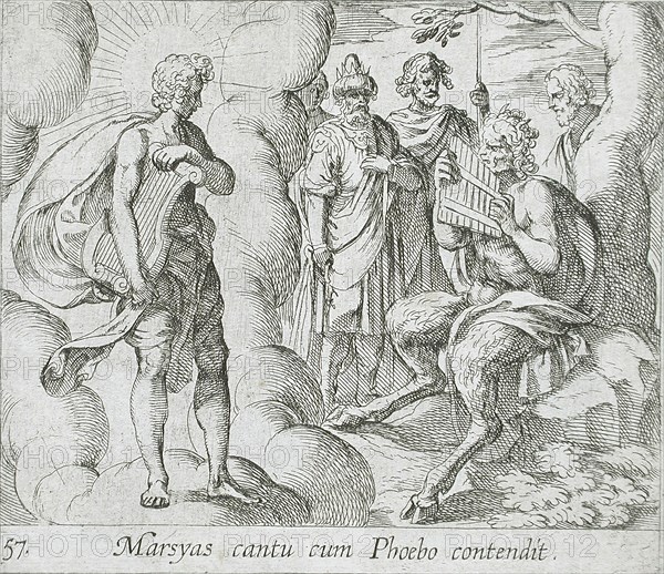 Marsyas Playing the Pipes Before Apollo, published 1606. Creators: Antonio Tempesta, Wilhelm Janson.
