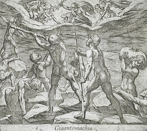 The Giants Attempting to Storm Olympus, published 1606. Creators: Antonio Tempesta, Wilhelm Janson.