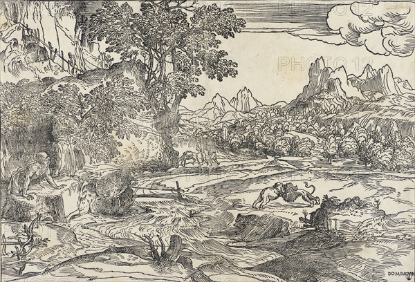 Saint Jerome in the Wilderness with Fighting Lion and Bear, between 1530 and 1535. Creator: Domenico Campagnola.