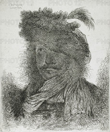 Man Wearing a Plumed Fur Cap and a Scarf, between circa 1647 and circa 1651. Creator: Giovanni Benedetto Castiglione.