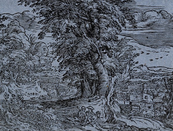 Landscape with Seated Couple, between 1595 and 1600. Creator: Hendrik Goltzius.