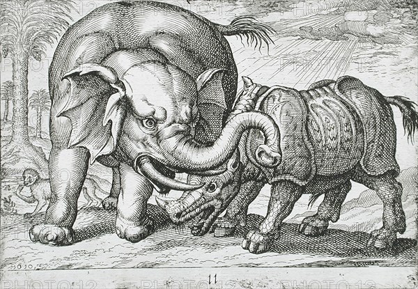 A Rhinoceros Fighting an Elephant, 1610. Creator: Hendrick Hondius I.