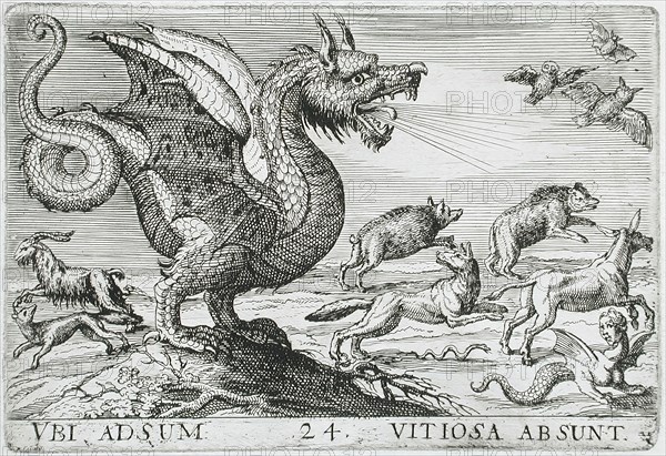 A Chimerical Animal Chasing Other Animals, 1610. Creator: Hendrick Hondius I.
