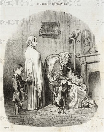 Je ne loue pas aux gens qui ont des enfants!..., 1847. Creator: Honore Daumier.