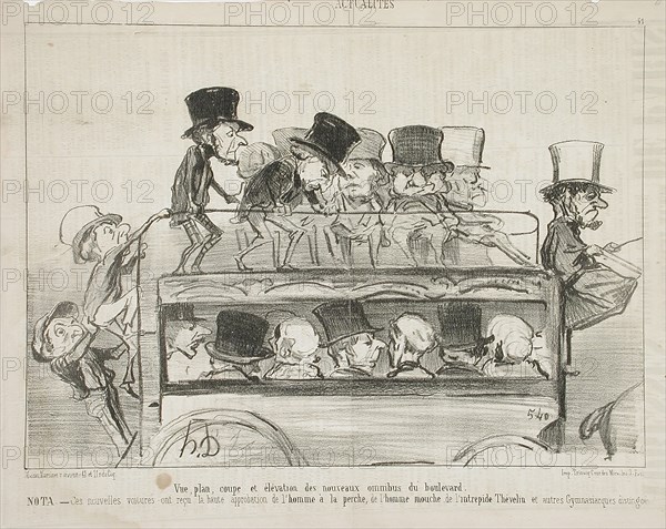 Vue plan coupé et elévation des nouveau omnibus du boulevard, 1853. Creator: Honore Daumier.