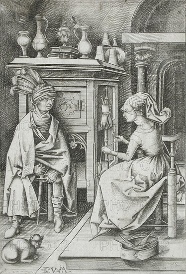 Woman Spinning and Visitor, between circa 1495 and circa 1503. Creator: Israhel van Meckenem.