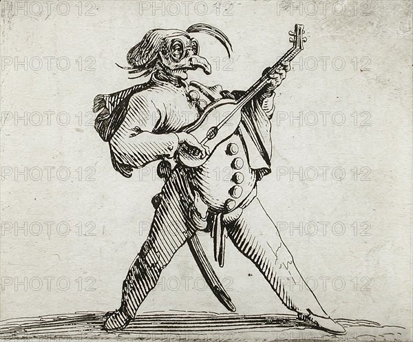 A Mashed Actor Playing the Guitar, 1616. Creator: Jacques Callot.