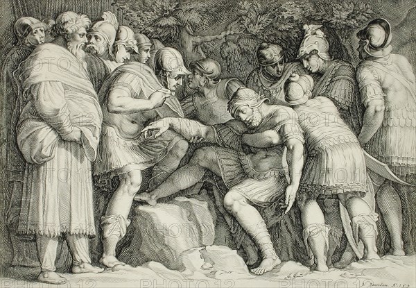 Wounded Scipio Carried from Battle by His Sons, 1593. Creator: Jan Saenredam.