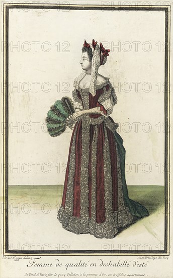 Recueil des modes de la cour de France, 'Femme de Qualité en Deshabillé d'Esté', 1684. Creator: Jean de Dieu.