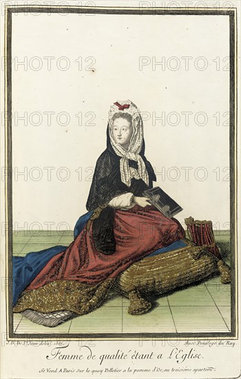 Recueil des modes de la cour de France, 'Femme de Qualité Êtant a L'Eglise', 1685. Creator: Jean de Dieu.