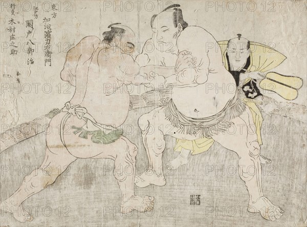 Wrestlers Kajigahama Rikiemon and Sekinoto Hachiroji, with the Umpire Kimura Shonosuke, 1785. Creator: Shunsho.