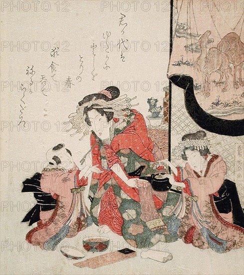 Courtesan with Kamuro and Small Boy, c1830. Creator: Ikeda Eisen.