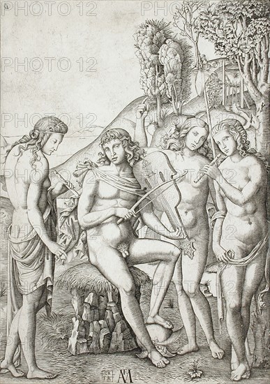Apollo Teaching Music to the Graces, 16th century. Creator: Marcantonio Raimondi.