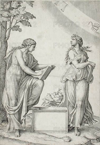 Two Sibyls with Signs of Zodiac, between 1517 and 1520. Creator: Marcantonio Raimondi.