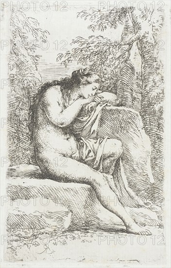 Figurine: Seated Female Nude, in Solitude, between circa 1656 and circa 1657. Creator: Salvator Rosa.