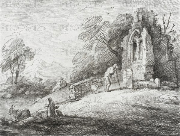 A Churchyard with Ruined Tower Among Trees on Rising Ground, 1780. Creator: Thomas Gainsborough.