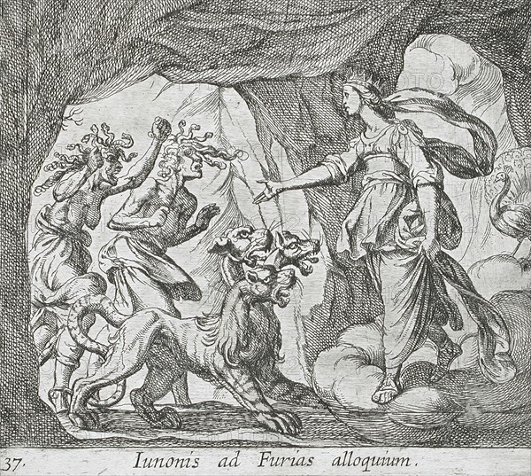 Juno with the Furies at the Gate of Hell, published 1606. Creators: Antonio Tempesta, Wilhelm Janson.