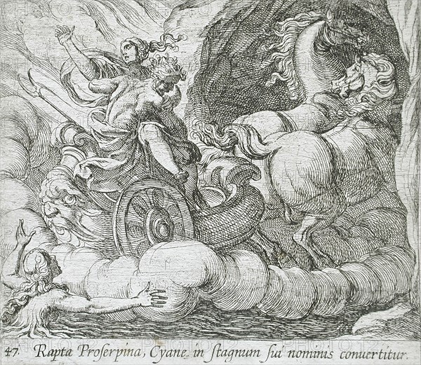 Pluto Carrying Proserpina Past the Nymph Cyane, published 1606. Creators: Antonio Tempesta, Wilhelm Janson.