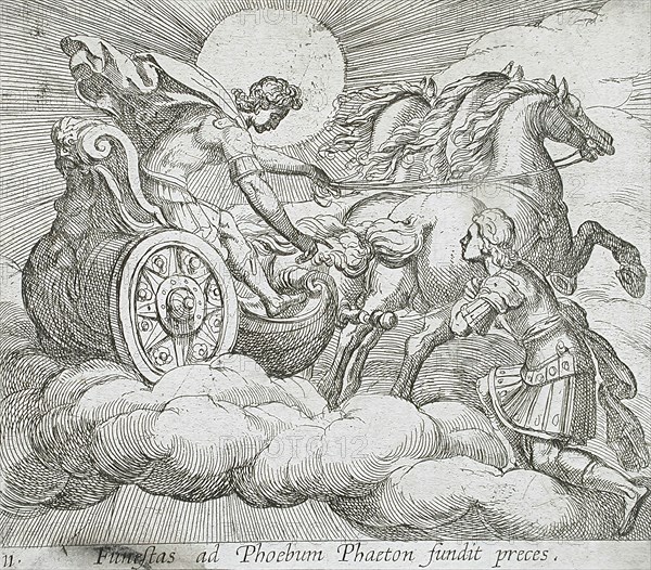 Phaeton Before Apollo, published 1606. Creators: Antonio Tempesta, Wilhelm Janson.