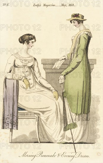 Fashion Plate (Morning Promenade and Evening Dresses), 1813. Creator: Unknown.
