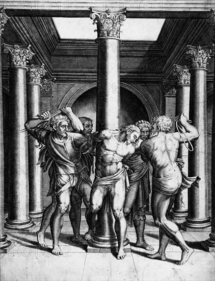 The Flagellation, between 1547 and 1587. Creators: Adamo Scultori, Michelangelo Buonarroti.