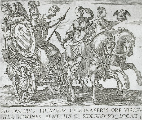 Frontispiece with Minerva in a Chariot Driven by Prudence and Charity (Horses of Different...), 1590 Creator: Antonio Tempesta.