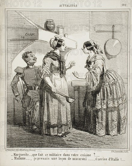 Marguerite, que fait ce militaire dans votre cuisine? Madame, je prenais une..., c1865. Creator: Cham.