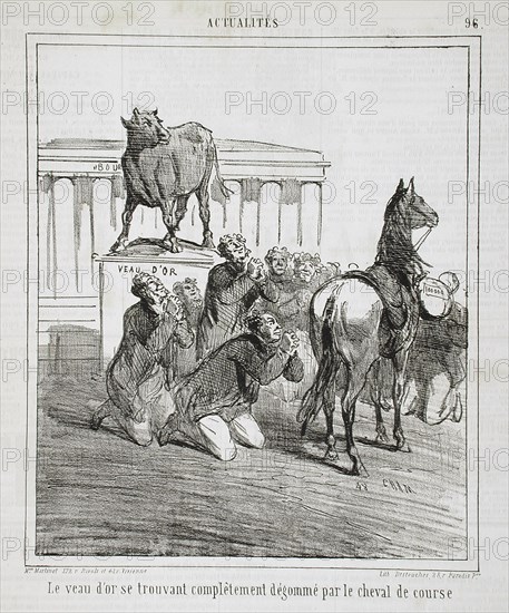 Le veau d'or se trouvant complêtement dégommé par le cheval de course, 1864. Creator: Cham.